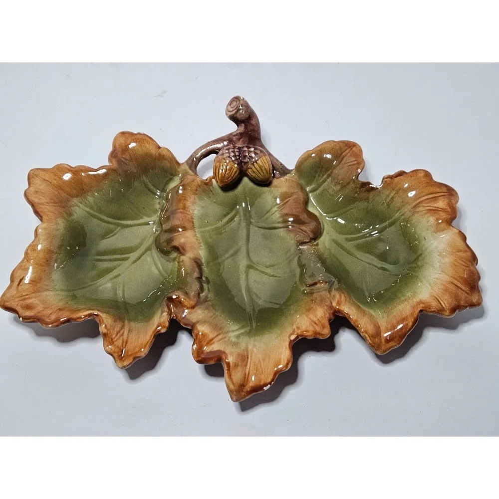 Vintage Majolica Style Ceramic Oak Leaf Acorn 3 Section Relish Dish Fall Tray